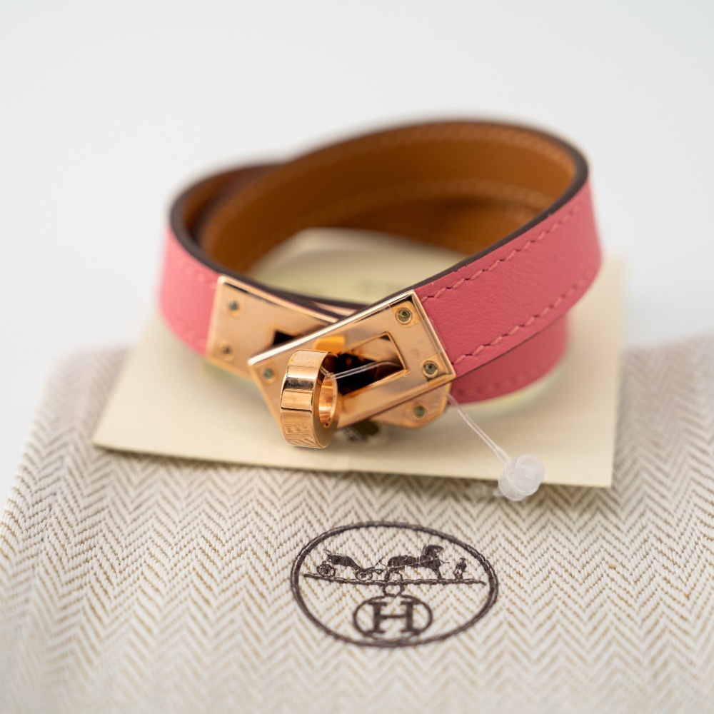 Hermes Kelly Double Tour H Rose Azalee Leather Wrap Bracelet Calfskin T2 Pink